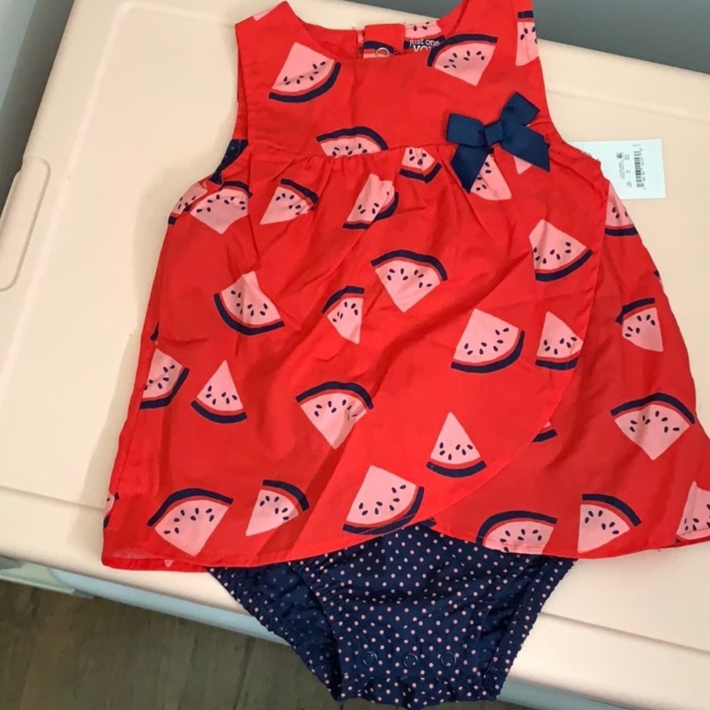 Carter's Red dress with watermelons and Blue Diaper Cover with Polka Dots